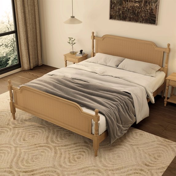 Traditional Style Rattan King Size Platform Bed Frame, Wooden Bed Frame with Rattan Headboard and Footboard, No Box Spring Needed, Easy Assembly