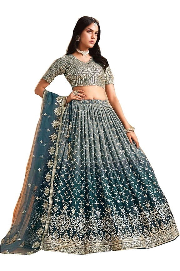 Traditional Style Ready to Wear Embroidery Woked For Special Occasion Lehenga Choli With Net Dupatta ( Teal Blue, S - 38 )