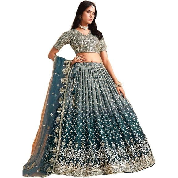 Traditional Style Ready to Wear Embroidery Woked For Special Occasion Lehenga Choli With Net Dupatta ( Teal Blue, XS - 36 )