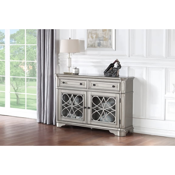 Traditional Style Silver Finish Server with Glass Doors and Storage Drawers