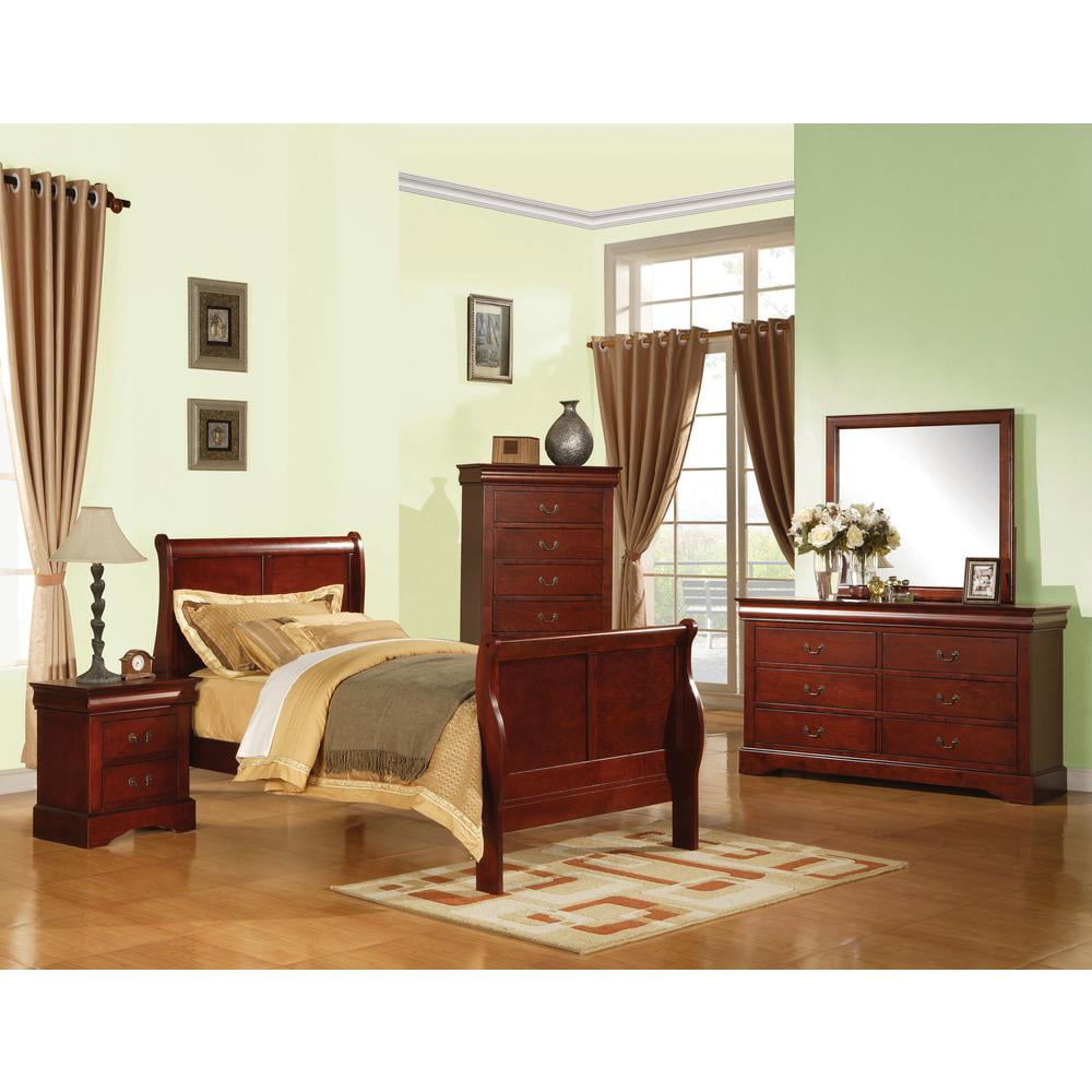 Cherry Brown Twin Size Traditional Wood Sleigh Bed