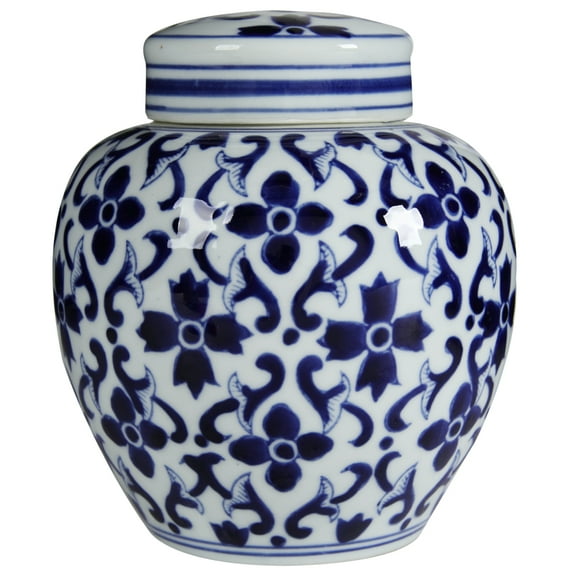 Traditional Style Urn Shape Ceramic Lidded Jar with Floral Pattern, White and Blue
