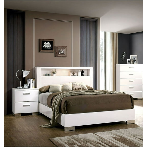 Traditional Style White Classic High Gloss Lacquer Queen Size Bed 2x Nightstands Bedroom Furniture Solid wood Shelf HB