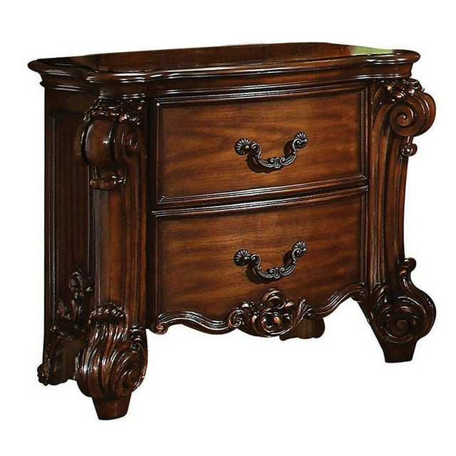 Traditional Style Wooden Nightstand with Two Drawers in Cherry Brown