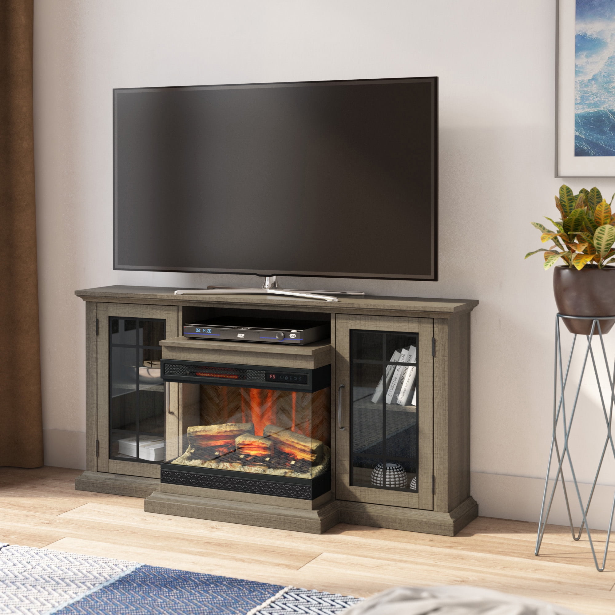 Saw Cut Oak TV Stand with Panorama Electric Fireplace and Glass Cabinets