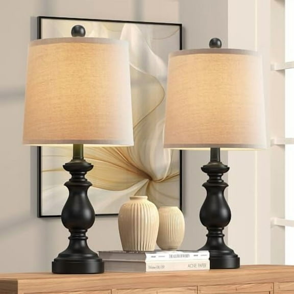 Traditional Table Lamp Set of 2, Rustic Farmhouse Table Lamps for Living Room Bedroom, 22" Bedside Desk Lamps Vintage Nightstand Lamps with Linen Shades, Black