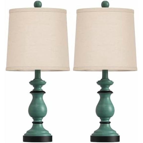 Traditional Table Lamp Set of 2, Rustic Farmhouse Table Lamps for Living Room Bedroom, 22" Bedside Desk Lamps Vintage Nightstand Lamps with Linen Shades, Green