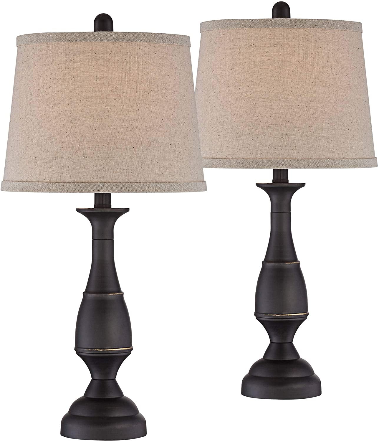 Rustic Farmhouse Dark Bronze Metal Table Lamp Set with Linen Drum Shades