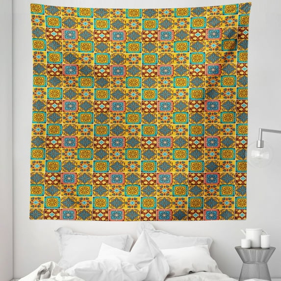 Traditional Tapestry, Floral Tile Mosaic Style Azulejo Portuguese Moroccan Cultural Motif, Fabric Wall Hanging Decor for Bedroom Living Room Dorm, 5 Sizes, Multicolor, by Ambesonne