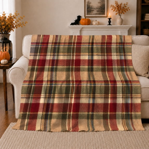 Traditional Tartan Plaid Fall Harvest Pumpkin Mantel, Festive autumn celebration Scene, Warm Flannel Blanket for Ranch House and Living Room, Art Lovers autumn celebration Gift, Festive Home Decor