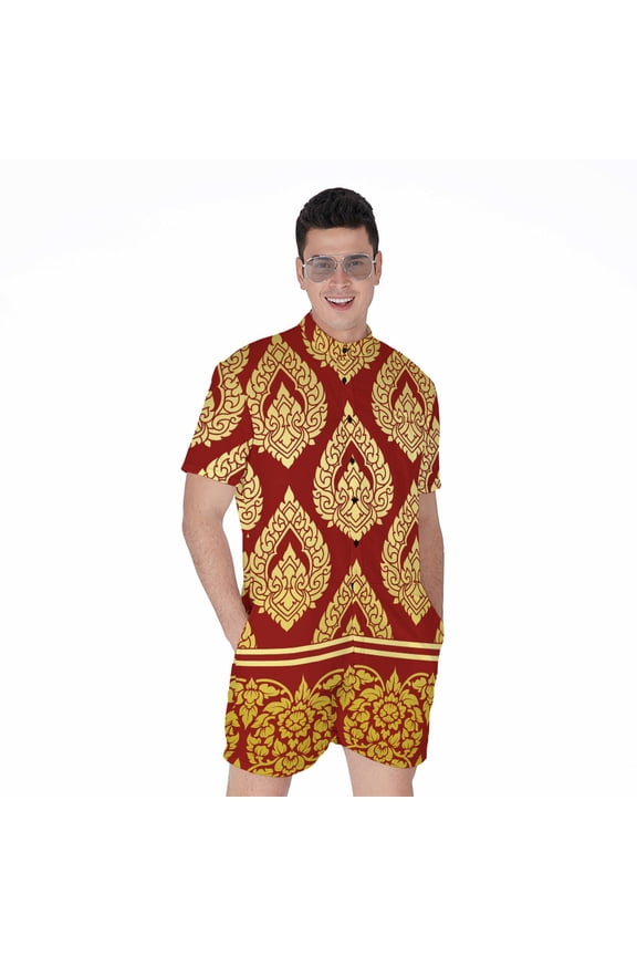 Traditional Thai Pattern Short Sleeve Men'S Rompers Casual Summer Jumpsuits Outfit