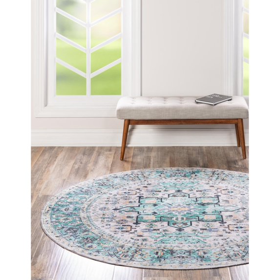 Traditional Tira Collection Area Rug 4' Round - Aqua-Green