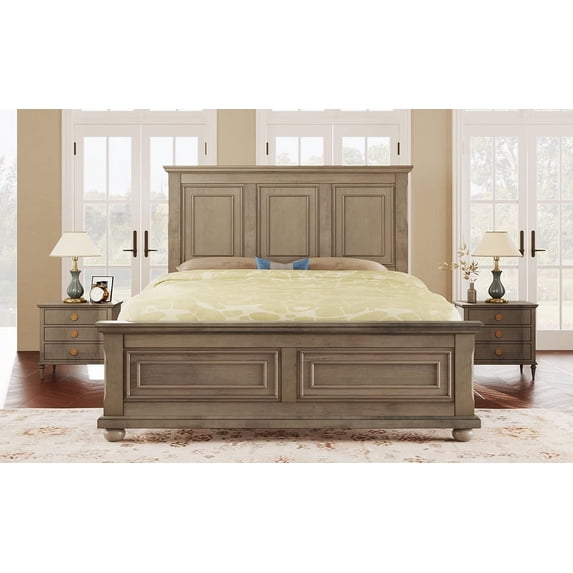 Traditional Town Style Platform Full Bed, Pine Platform Bed Frame with Headboard and Footboard, Vintage Bed with Legs and Grooved Panels Outlined, No Box Spring Needed, Stone Gray
