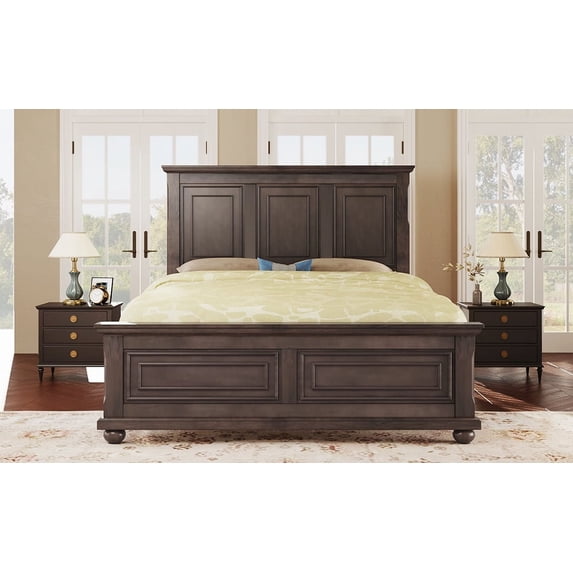 Traditional Town Style Platform Queen Bed, Pine Platform Bed Frame with Headboard and Footboard, Vintage Bed with Legs and Grooved Panels Outlined, No Box Spring Needed, Rich Brown