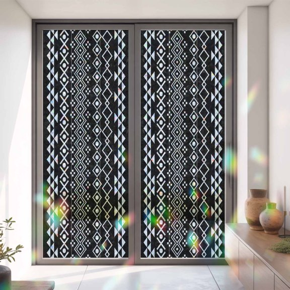 Traditional Tribal White Diamond Window Privacy Film,Decorative Windows Static Cling Boho Geometric on Black Heat Control Removable Glass Sticker for Home Bathroom Bedroom Window Door,35x79in