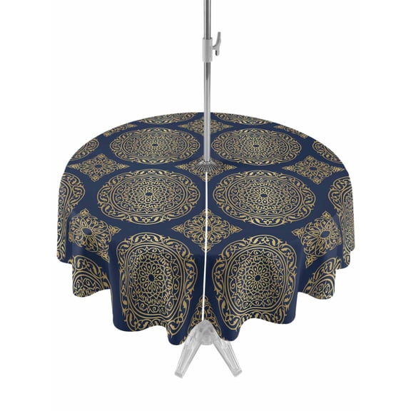 Traditional Tribe Outdoor Tablecloth - 54 Inch Round Dining Table Cover, Retro Rustic Morocco Pattern Waterproof Outdoor Table Cloth with Umbrella Hole & Zipper for Picnic/Patio/Party