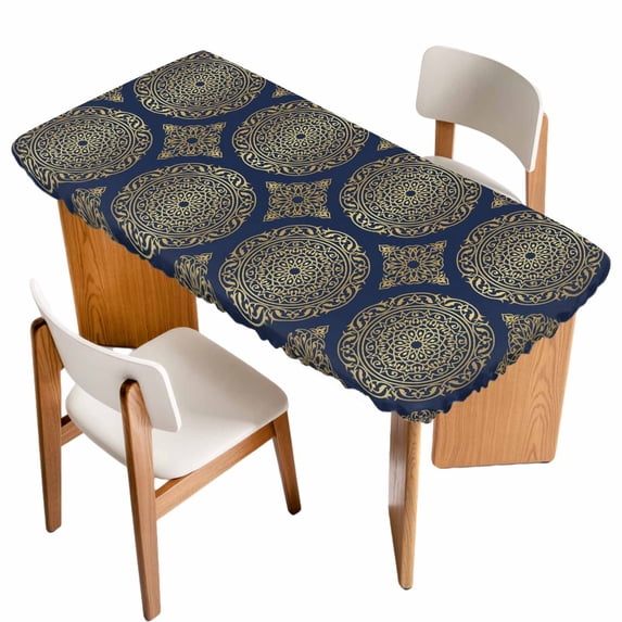 Traditional Tribe Table Cloths for 4 Foot Rectangle Tables, Retro Rustic Morocco Pattern Patio Waterproof Elastic Fitted Tablecloths, Washable Rectangular Table Cover for Camping