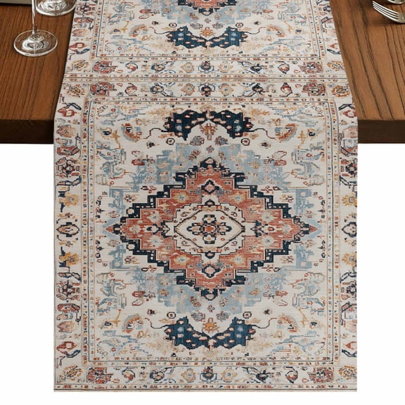 Traditional Tribes 108 Inch Table Runner, Boho Ethnic Tribal Floral Abstract Farmhouse Dresser Scarf Cotton & Linen Tablerunner for Dining/Kitchen Island/Holiday Party Décor 13" x 108"