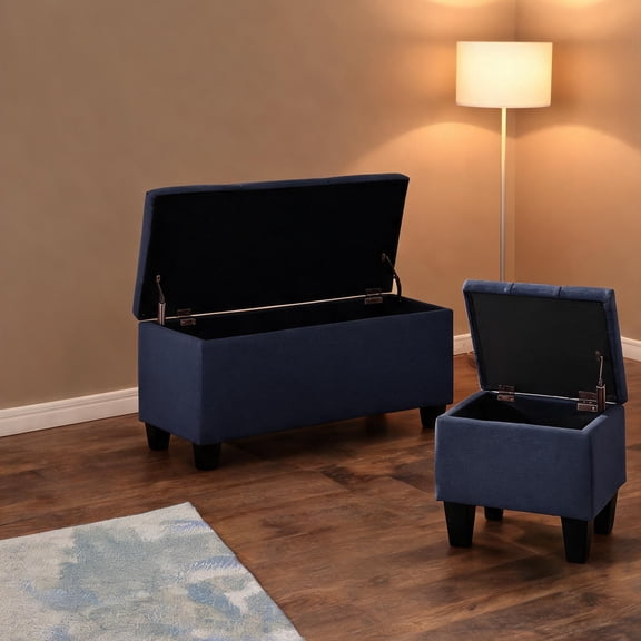 Traditional Tufted 3-in-1 Combination Storage Bench Set, 2-Seat Flip Top Linen Upholstery, Classic Blue for Indoor Living Spaces
