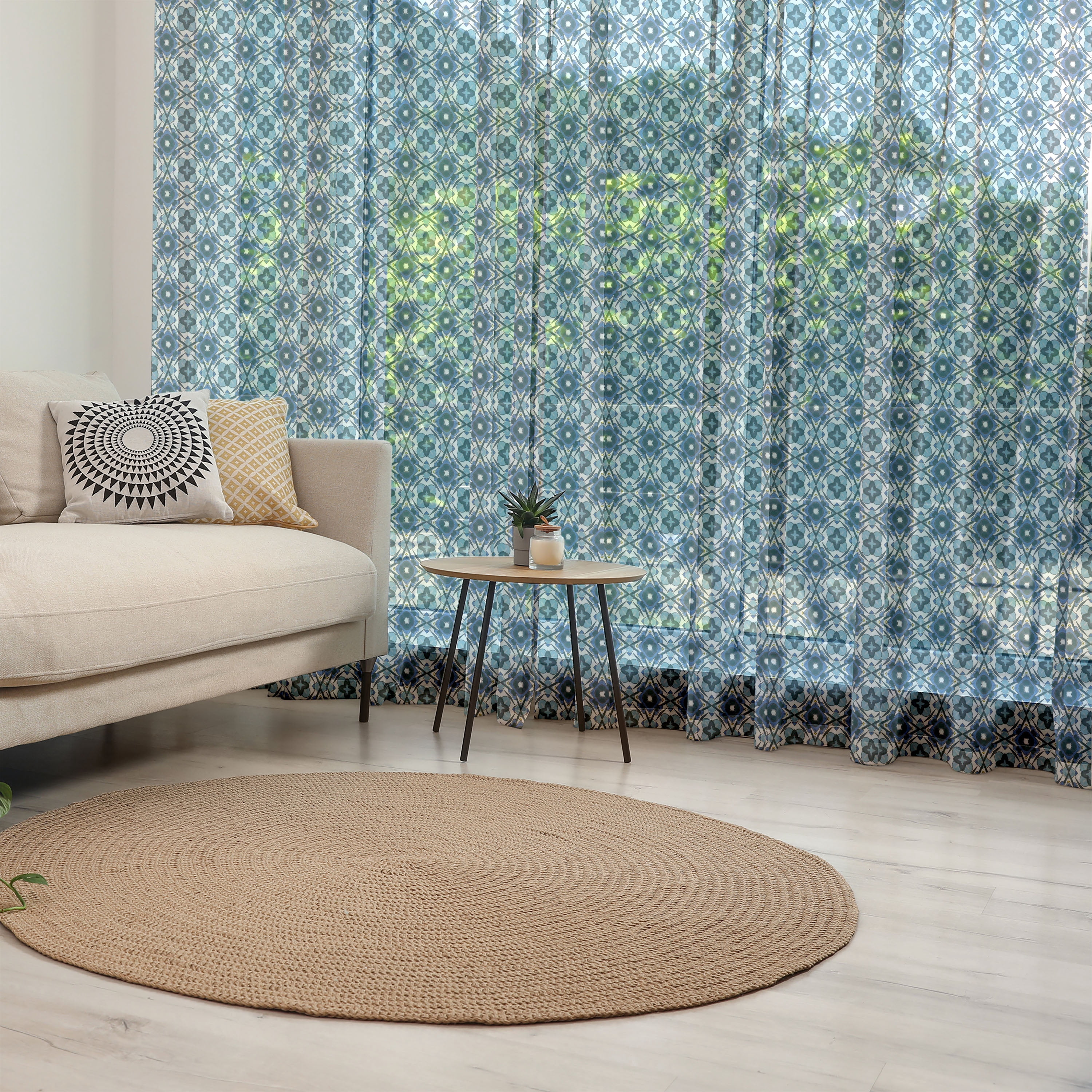 Traditional Tulle Curtains with Rod Pocket, Abstract Portuguese Mosaic