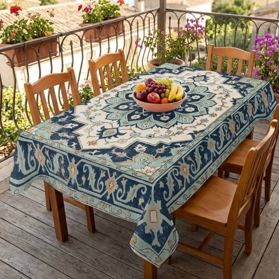 Traditional Turkish Floral Table Cloth 60x84in, Waterproof Rectangle Tablecloth Wipeable Tablecloths Vintage Mint Green Geometric Table Covers for Dining Tables Party Indoor Outdoor