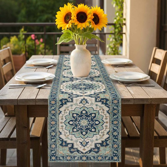 Traditional Turkish Floral Table Runner 72 Inches Long,Kitchen Dining Tablerunners Vintage Mint Green Geometric Linen Table Runners Dresser Scarves for Home Dinner Wedding Holiday Party Decor
