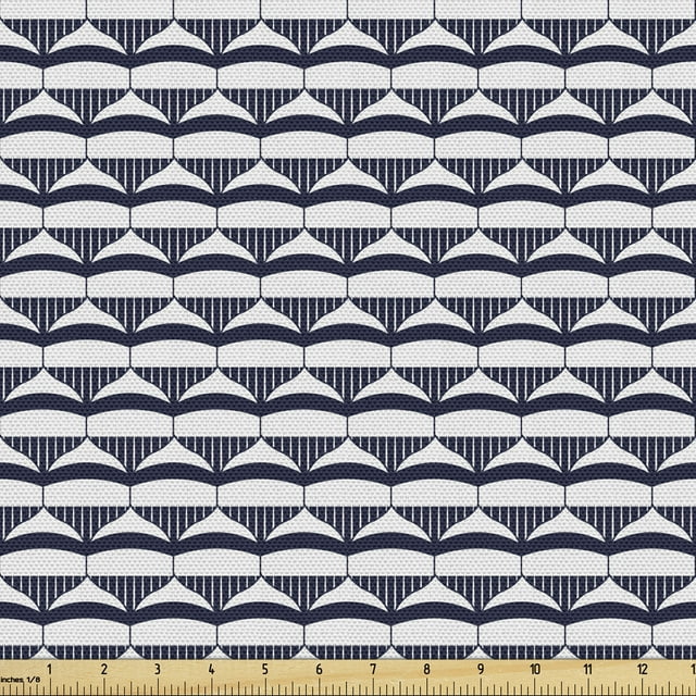 Traditional Upholstery Fabric by the Yard, Chinese Geometry Motif with Curved Forms Stripes Far Eastern Abstract, Decorative Fabric for DIY and Home Accents, Dark Indigo White by Ambesonne