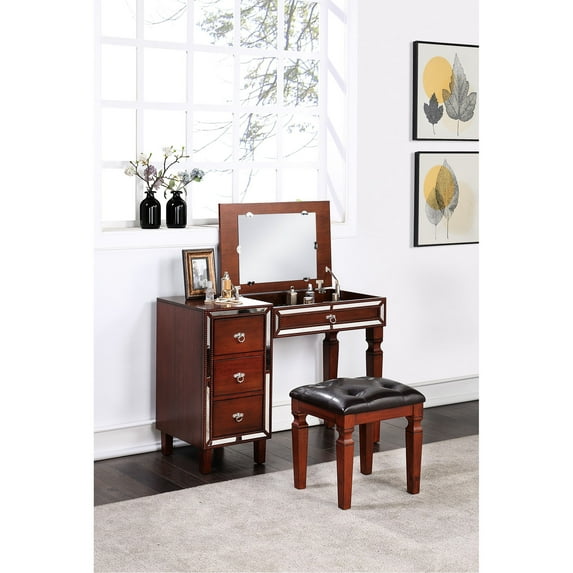 Traditional Vanity Set in Cherry Color for Bedroom | Place Candle Stand and Store Makeup | Tufted Stool and Rubber Wood | Solves Storage and Decor Challenges