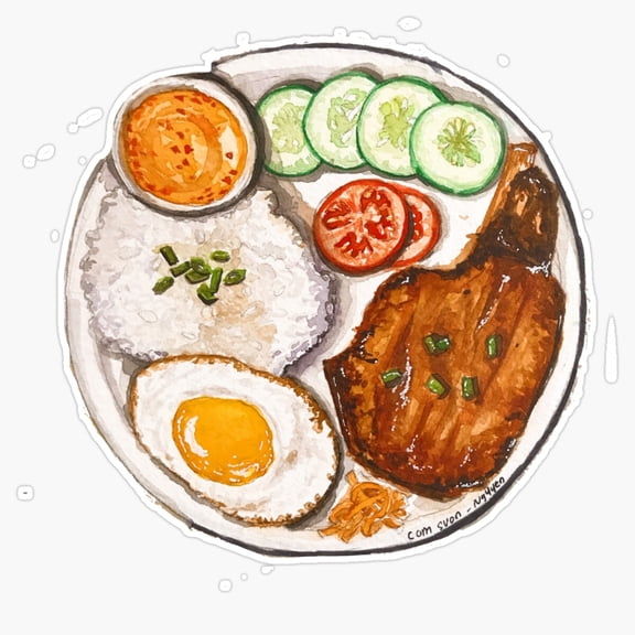 Traditional Vietnamese Grilled Porkchop Steamed Rice Com Suon Foodie Platter Decal For Bowl Sticker