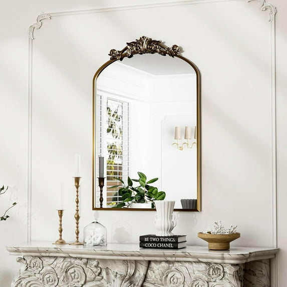 Traditional Vintage Gold Mirror, Antique Arched Mirror, Bronze Decor Wall Mirrors, Large Baroque Mirror with Aluminum Frame, Ornate Mirrors for Bathroom, Living Room, Fireplace (30"x22")