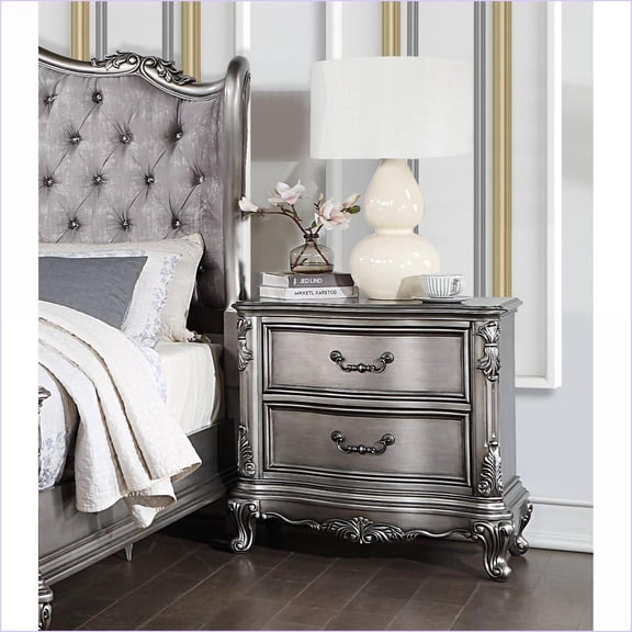 Traditional Vintage Wooden Nightstand with 2 Drawers Antique Platinum Finish