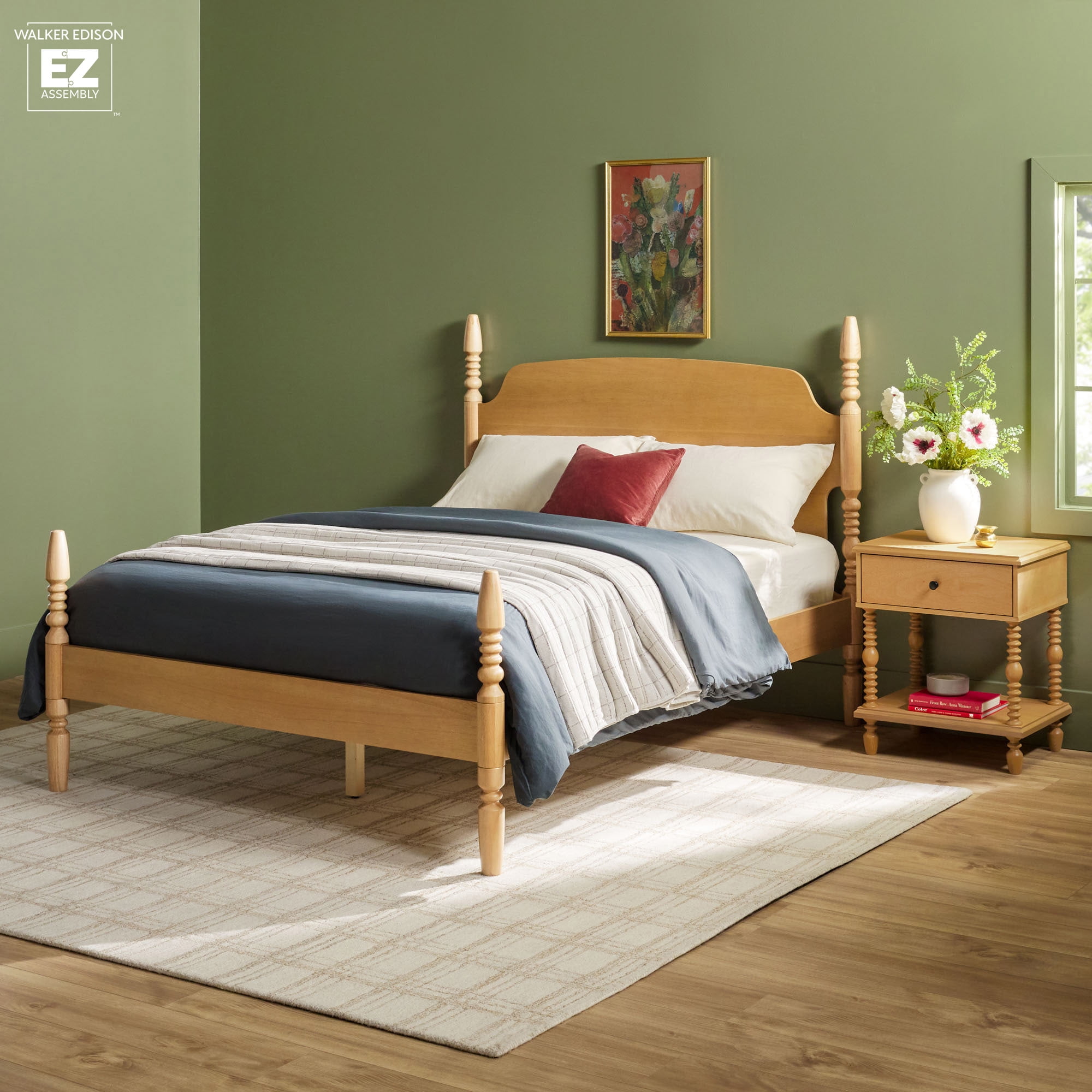 Natural Solid Wood Queen Spindle Bed Frame with Upholstered Headboard