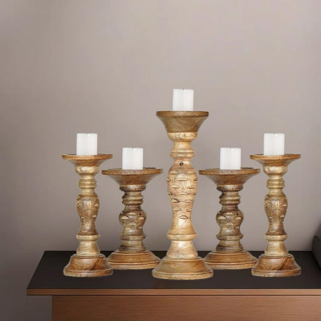 Traditional Wallnut Eco-friendly Handmade Mango Wood Set Of Five 6",9",12",9" & 6" Pillar Candle Holder for use, Living Room, Dinning Room, Study Room, Spa, Restaurants, Place Of Worship, etc