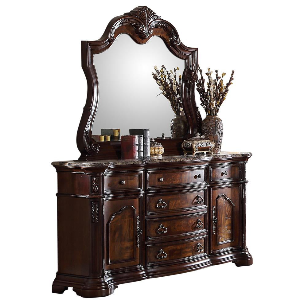 Traditional Walnut 6-Drawer Dresser with Marble Top and Mirror