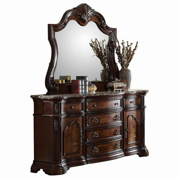 Traditional Walnut 6-Drawer Dresser and Mirror