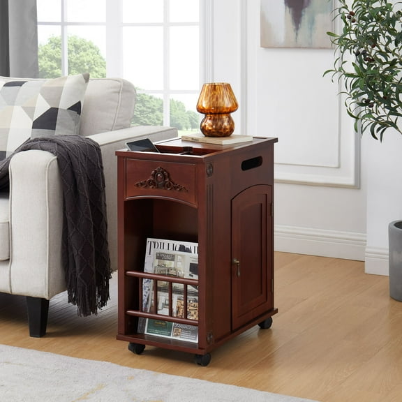 Traditional Walnut End Table with USB Ports, Wheels, and Storage - Solid Wood & MDF, Easy Assembly