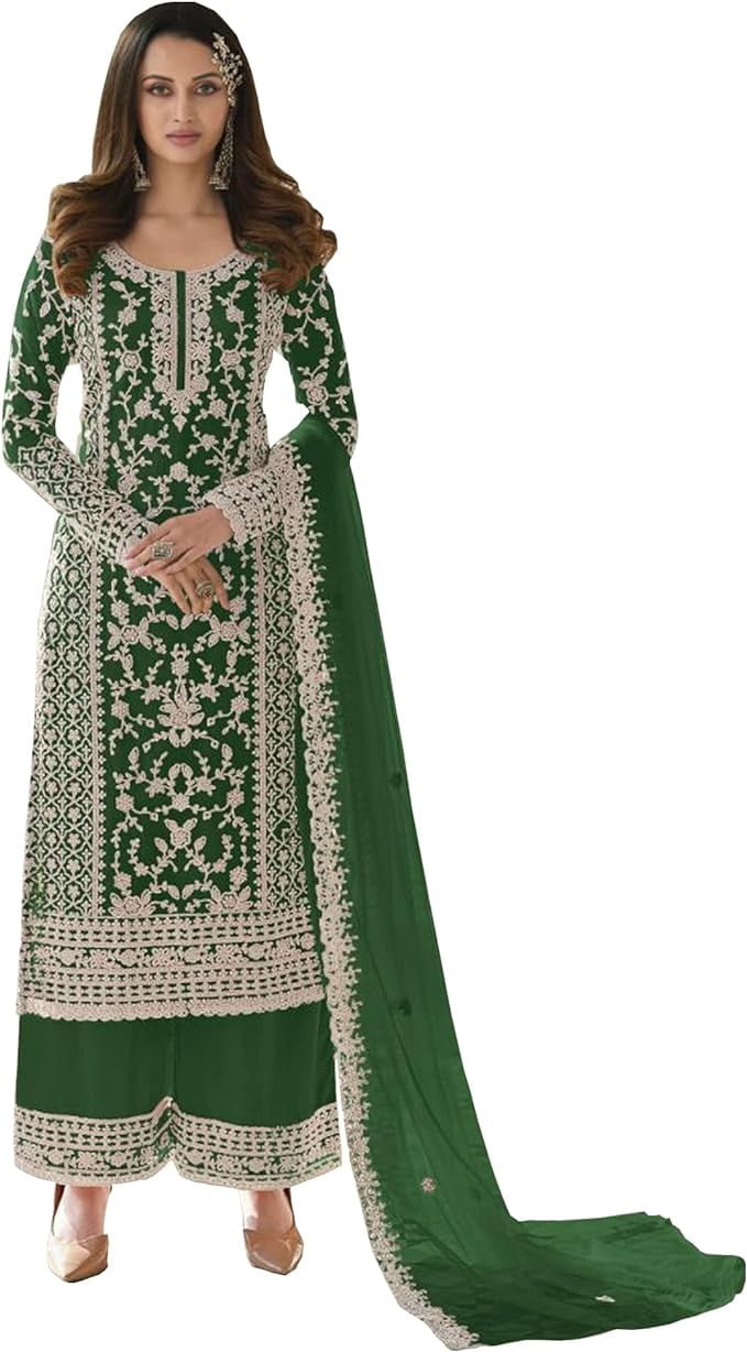 green and white pakistani dress Women's White Colour Faux Georgette Heavy Embroidery Work Fully Stitched Pakistani Suit White / 2XL main image 0