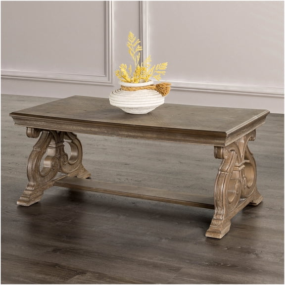 Traditional Weathered Oak Coffee Table with Carved Scroll Legs and Solid Wood Construction