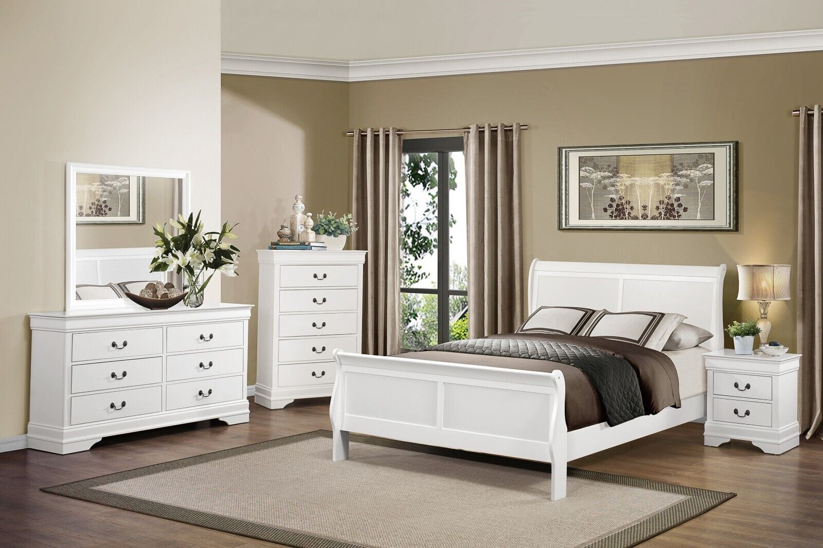 Traditional White Bedroom 6pc Set Queen Bed Dresser Mirror Nightstands Chest Wooden Bedroom Furntiure Set