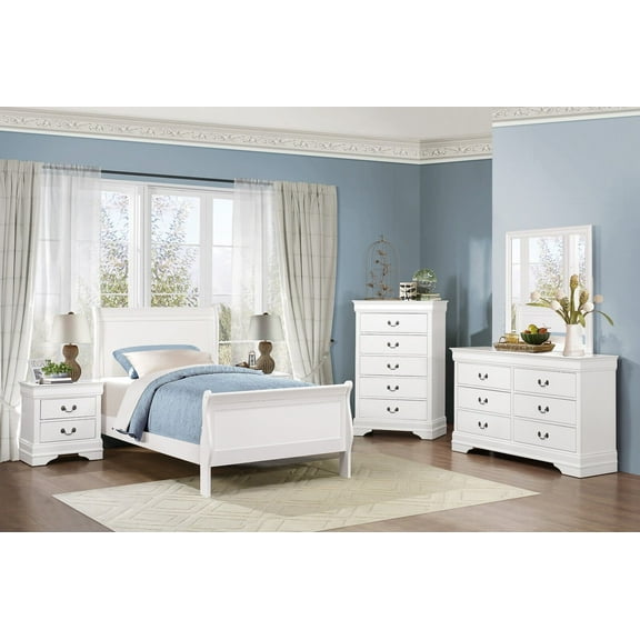 Traditional White Bedroom 6pc Set Twin Bed Dresser Mirror Nightstand Chest Wooden Bedroom Furntiure Set