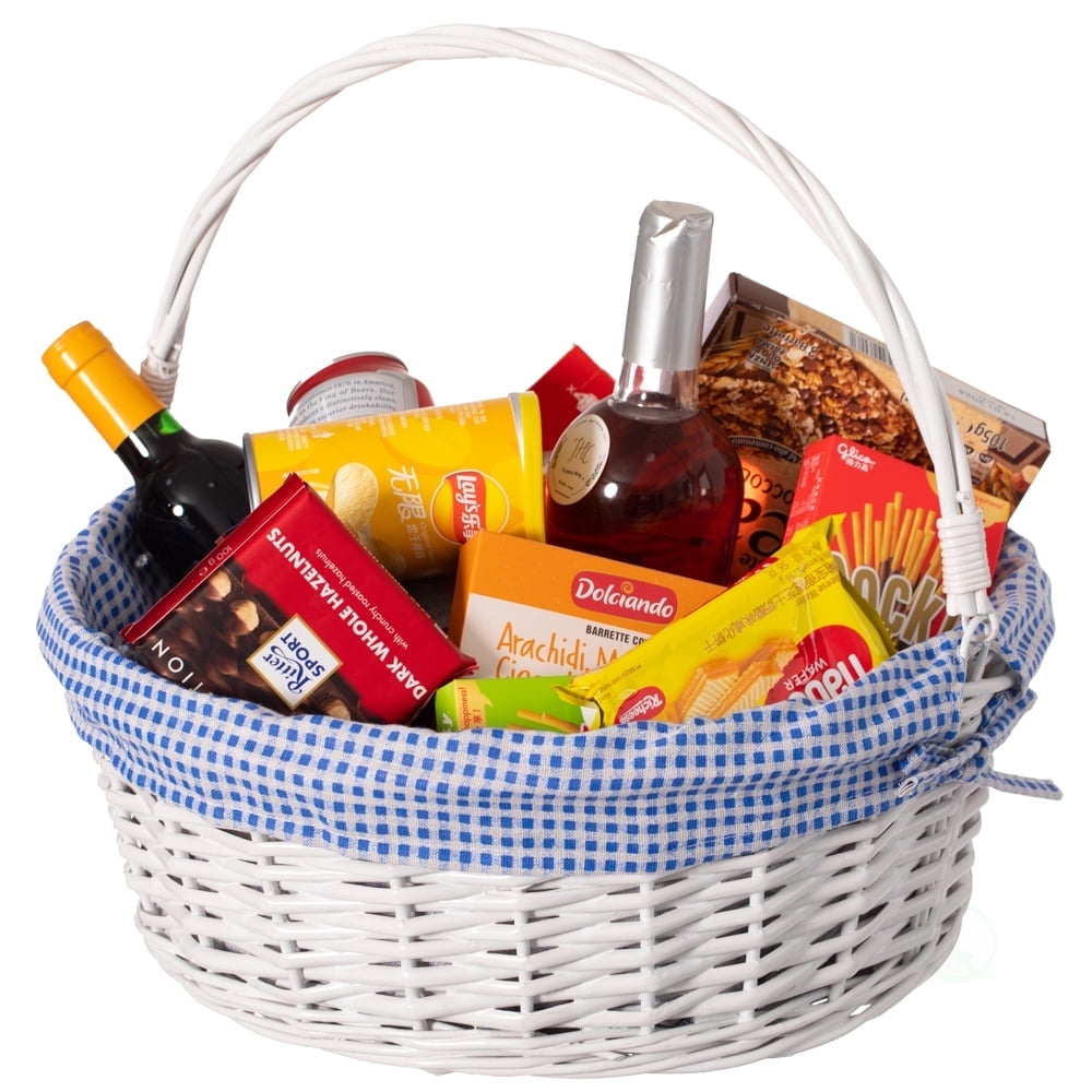 Traditional White Round Willow Gift Basket with Blue and White Gingham Liner and Sturdy Foldable Handles, Food Snacks Storage Basket, Large
