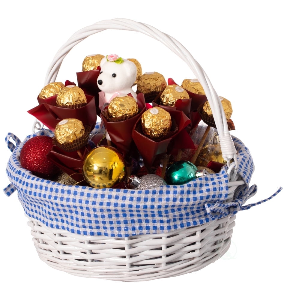 Traditional White Round Willow Gift Basket with Blue and White Gingham Liner and Sturdy Foldable Handles, Food Snacks Storage Basket, Small