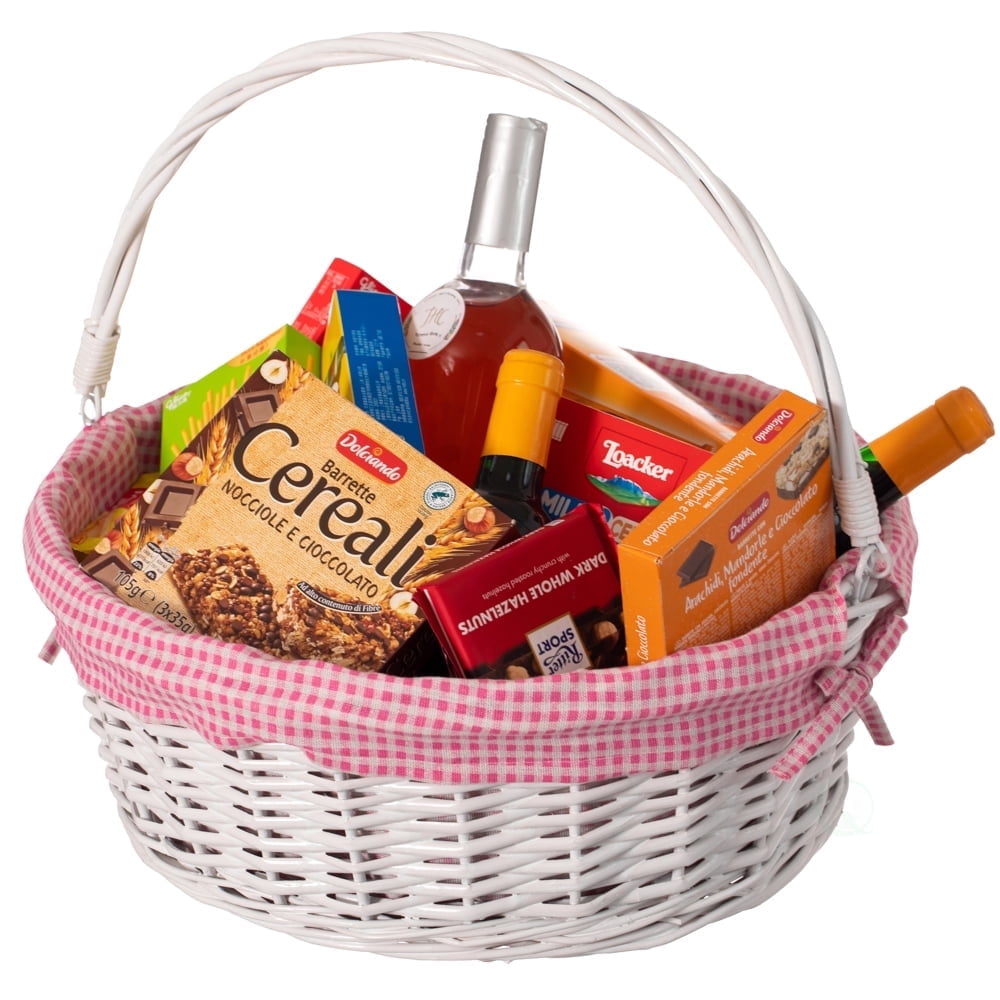 Traditional White Round Willow Gift Basket with Pink and White Gingham Liner and Sturdy Foldable Handles, Food Snacks Storage Basket, Large