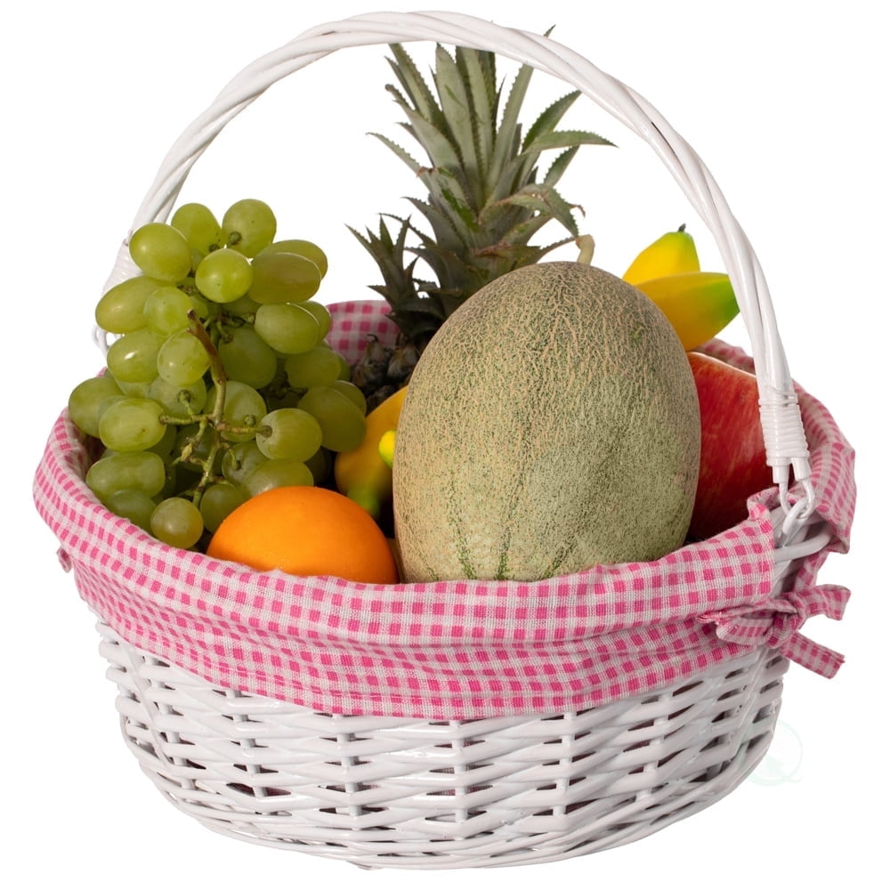 Traditional White Round Willow Gift Basket with Pink and White Gingham Liner and Sturdy Foldable Handles, Food Snacks Storage Basket, Medium