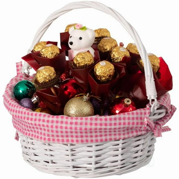 Traditional White Round Willow Gift Basket with Pink and White Gingham Liner and Sturdy Foldable Handles, Food Snacks Storage Basket, Small