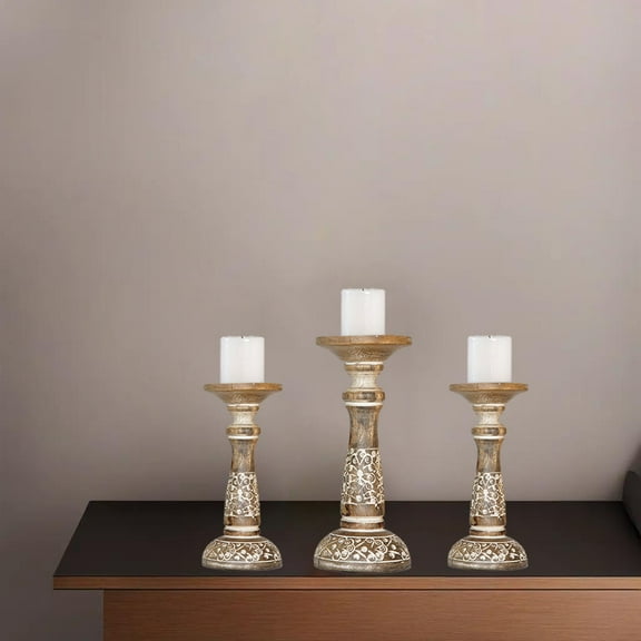 Traditional White Wash Eco-friendly Handmade Mango Wood Set Of Three 9",12" & 9" Pillar Candle Holder for use, Living Room, Dinning Room, Study Room, Spa, Restaurants, Place Of Worship, etc