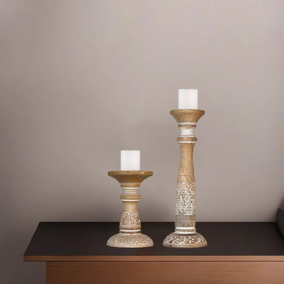 Traditional White Wash Eco-friendly Handmade Mango Wood Set Of Two 6" & 15" Pillar Candle Holder for use, Living Room, Dinning Room, Study Room, Spa, Restaurants, Place Of Worship, etc