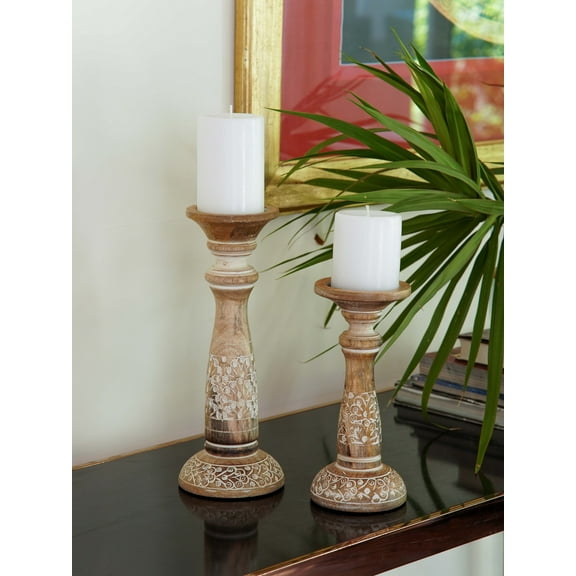 Traditional White Wash Eco-friendly Handmade Mango Wood Set Of Two 6" & 9" Pillar Candle Holder for use, Living Room, Dinning Room, Study Room, Spa, Restaurants, Place Of Worship, etc