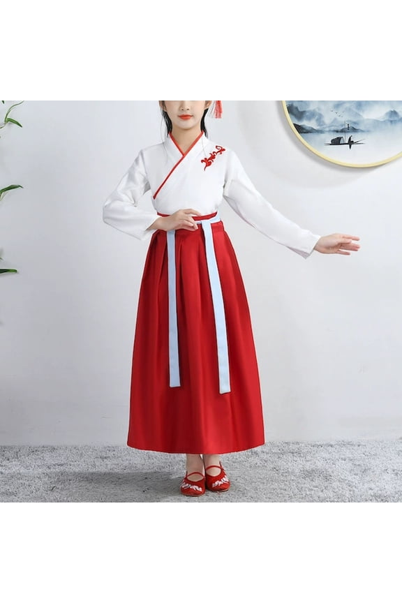 Traditional Wide Sleeves Kids Hanfu Set Includes Shirt+Skirt+Waistband Unisex Chinese Classical Performance Outfit for Traditional Festival School Event(Red2,2-3 Years)