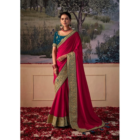 Traditional Wine Red Colored Vichitra Gota Patti Saree